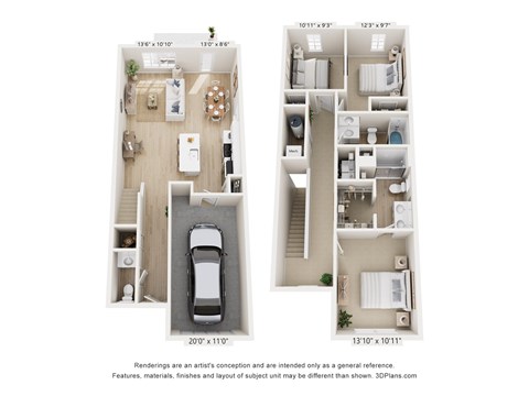 3-bedroom, 2 1/2-bath apartment with two levels, an attached one-car garage plus open-concept kitchen and dining space plus 1/2 bath on first level, and two full beds and baths on top level.